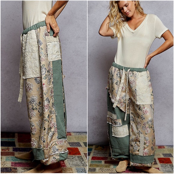 POL Floral Print Patchwork Stretchy Waist Color Block Jogger pants - Picture 2 of 3